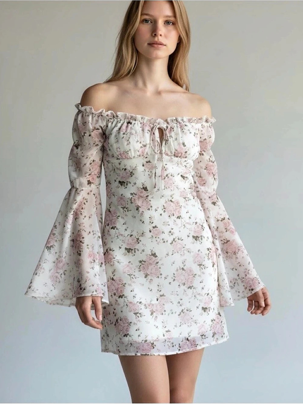 SHEIN Floral Off-Shoulder Mini Dress Pink & White Size Medium Like